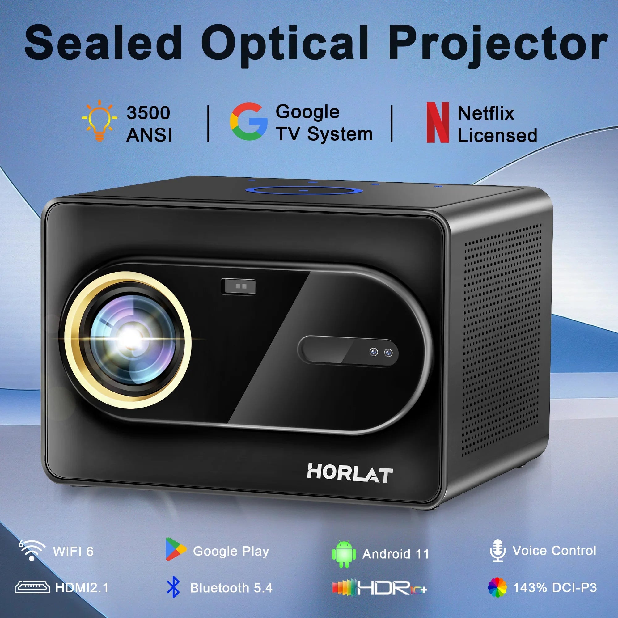 HORLAT Sealed Optical Google TV Projector 3500ANSI Bluetooth Voice Control Auto Focus WiFi 6 4K UHD Home Theater Movie Projector