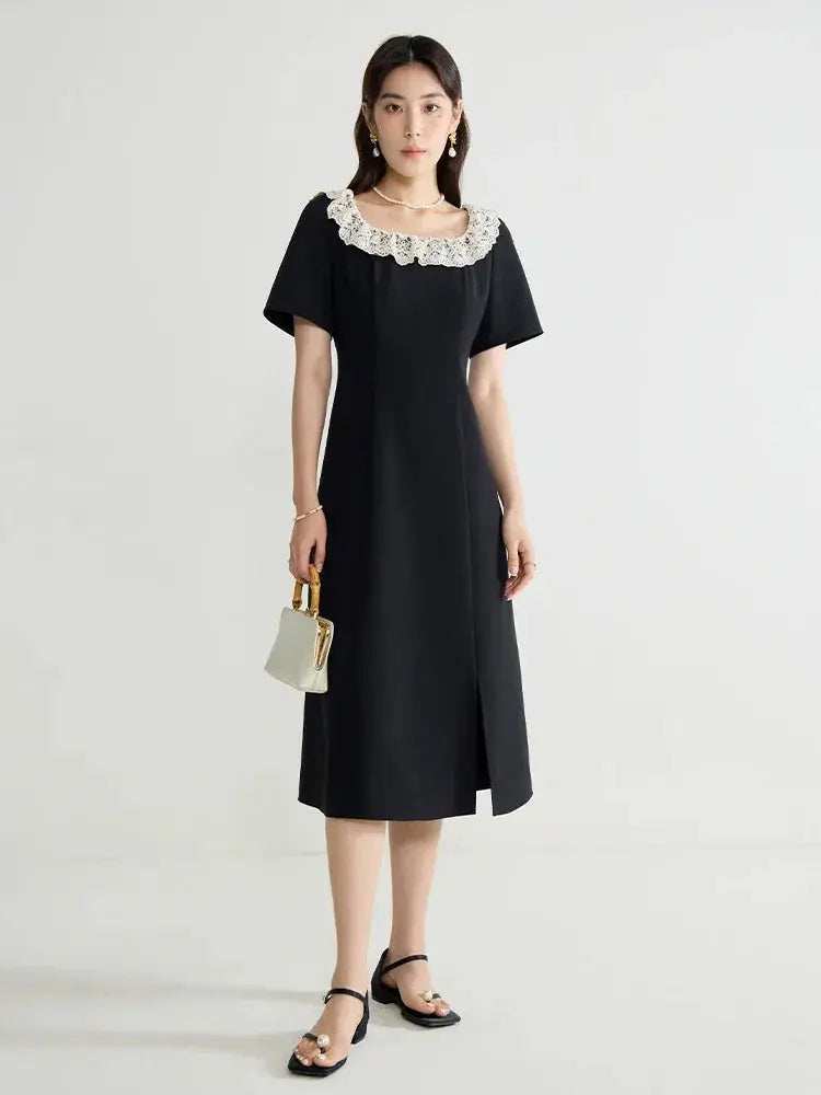 Elegant Black Lace Short Sleeve Long Dress