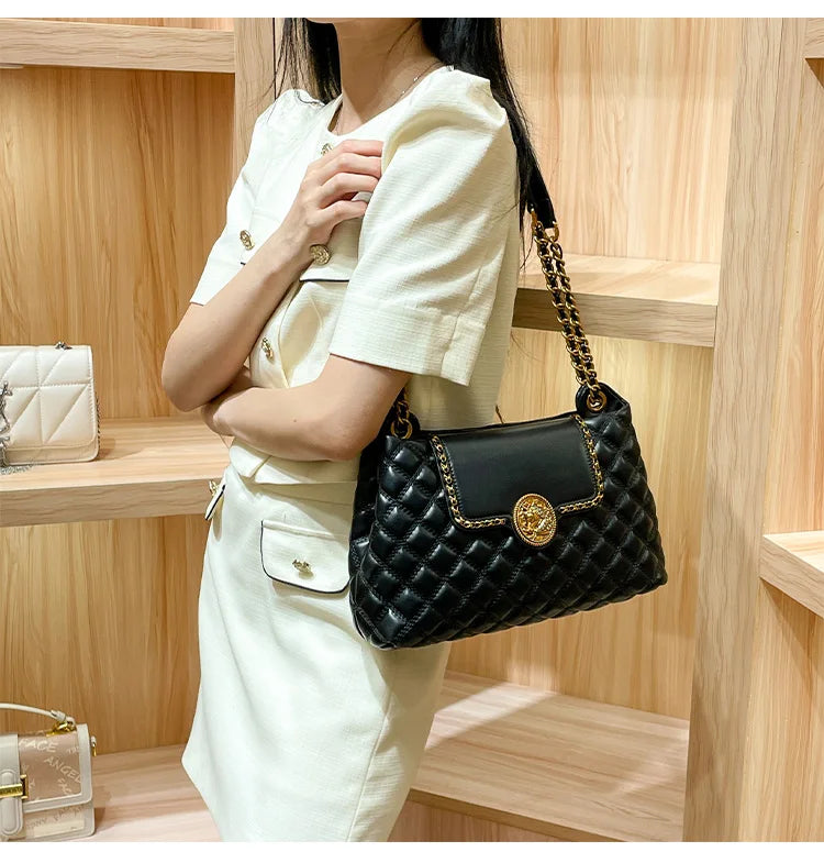 Luxury Genuine Leather Chain Shoulder Bag for Women | New Designer Large Capacity Underarm Handbag (Diamond Lattice)
