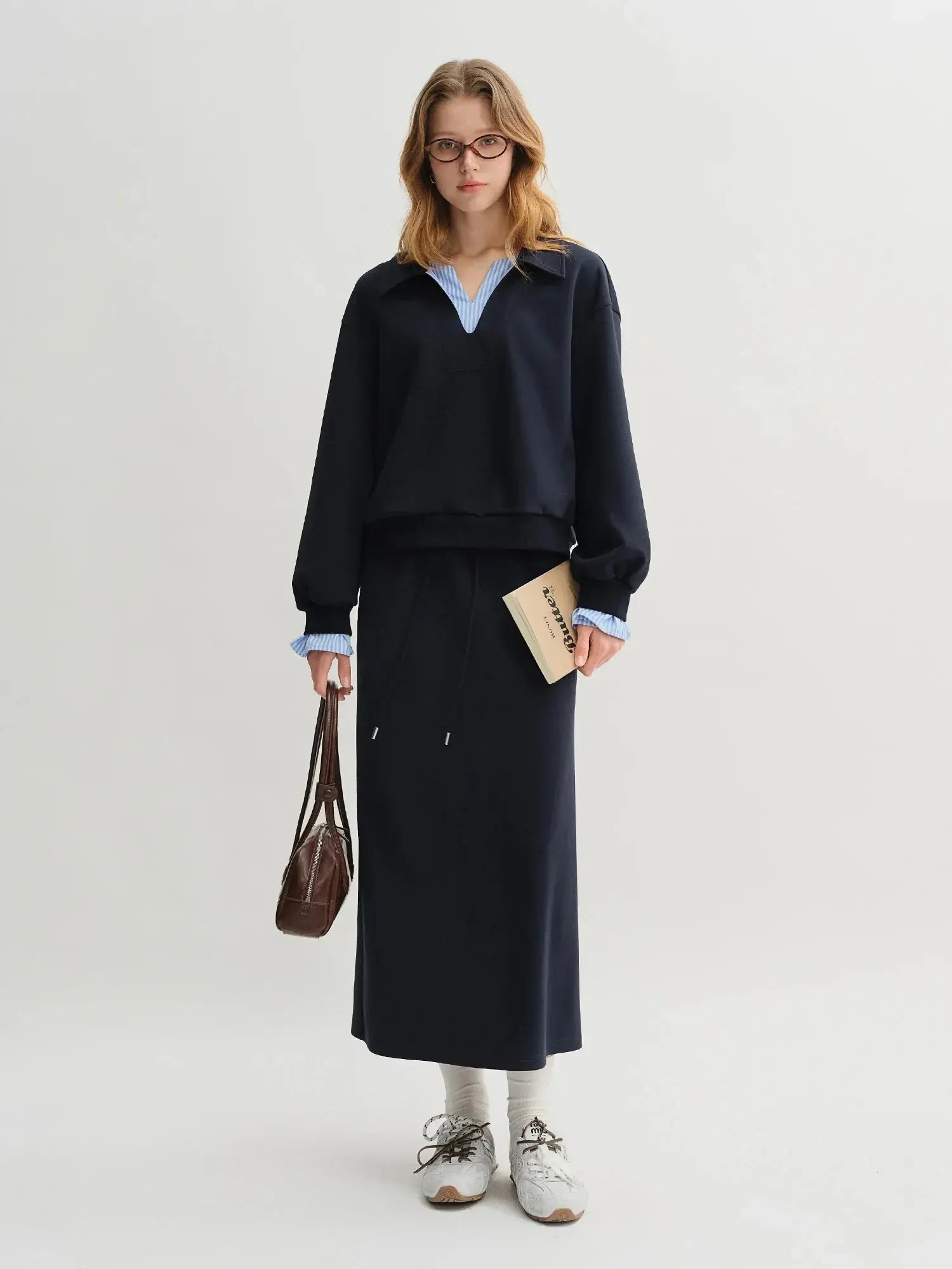 Plus Size Navy Blue Sweater Skirt Set - Long Sleeve Autumn Fashion