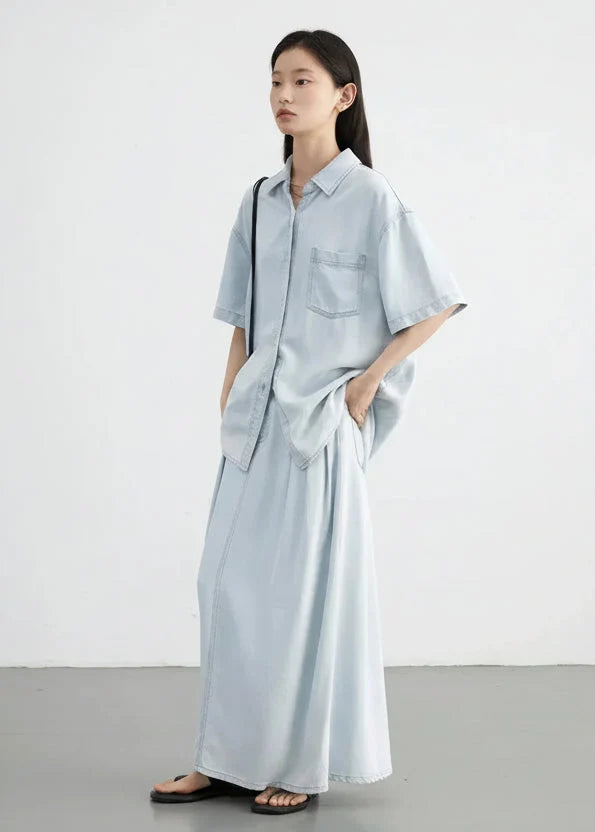 Blue Denim Set: Loose Shirt & Elastic Waist Shorts/Skirt