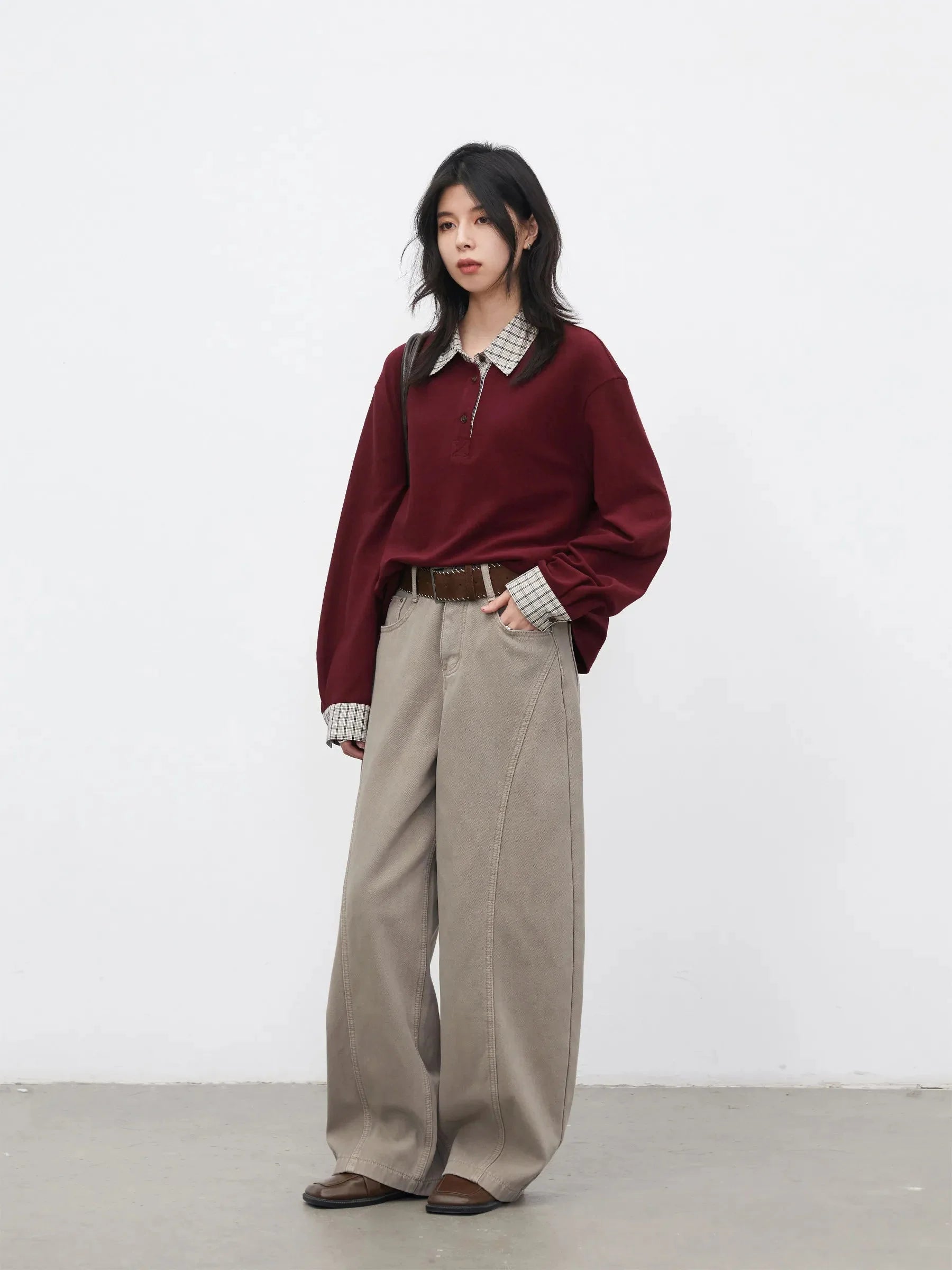 Color Block Plaid T-Shirt Loose Casual Long Sleeve