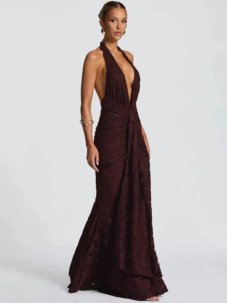 Women's Deep V-Neck Backless Ruched Club Gown