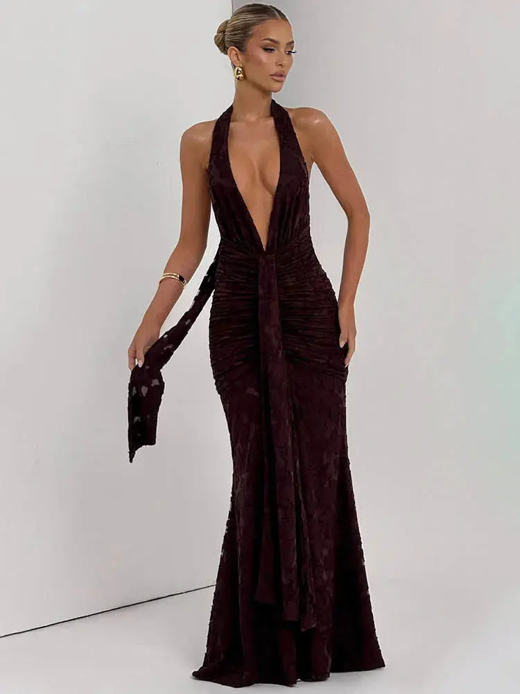 Women's Deep V-Neck Backless Ruched Club Gown
