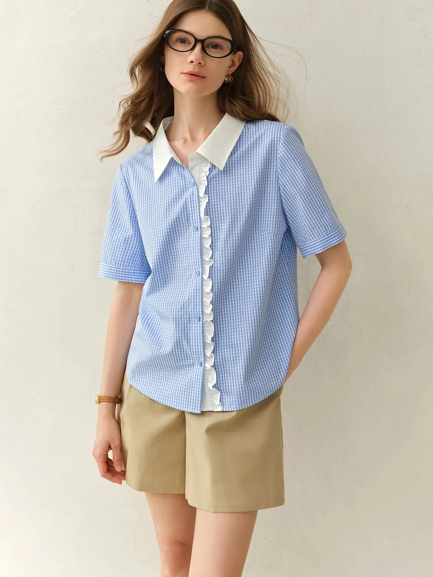 Plus Size Blue Plaid Retro Lace Shirt