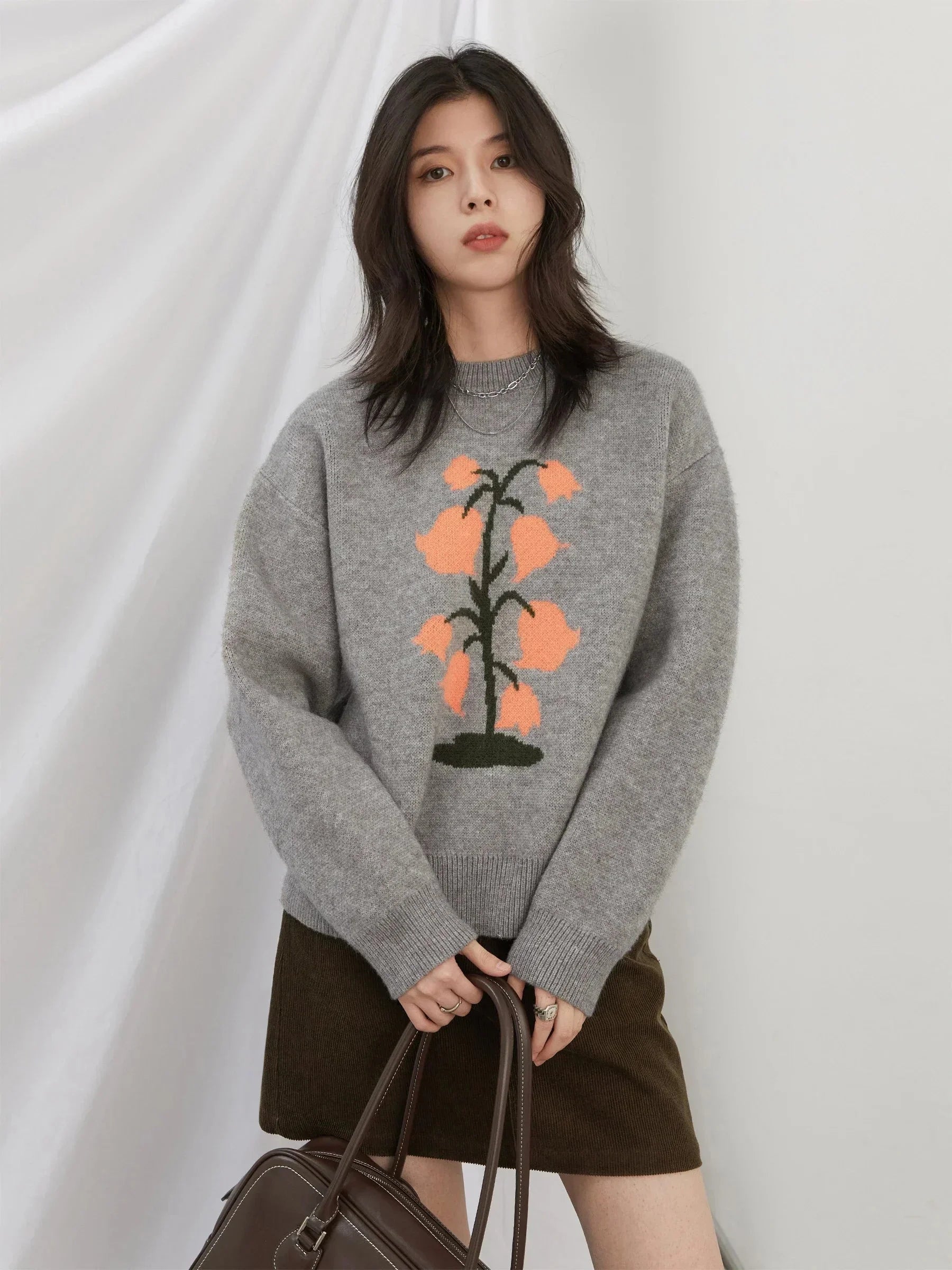 O-Neck Floral Cashmere Sweater Warm Winter Jumper