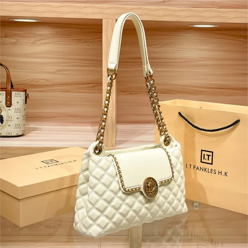 Luxury Genuine Leather Chain Shoulder Bag for Women | New Designer Large Capacity Underarm Handbag (Diamond Lattice)
