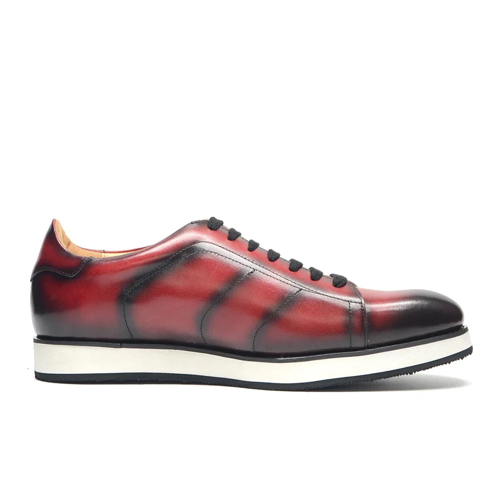 Men's Casual Dress Sneakers | Genuine Leather Hand-Painted Derby Skateboard Shoes (Black, Red)