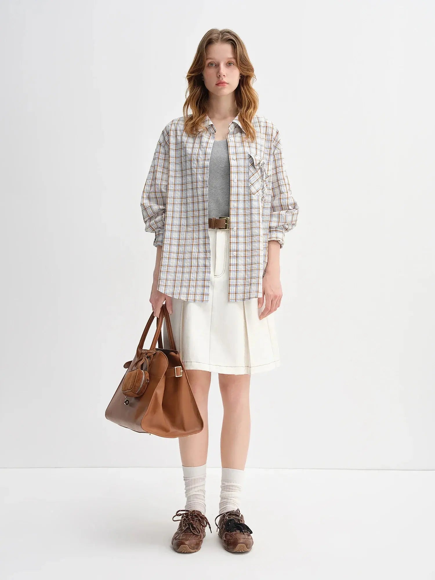 Plus Size Plaid Accent Drawstring Shirt
