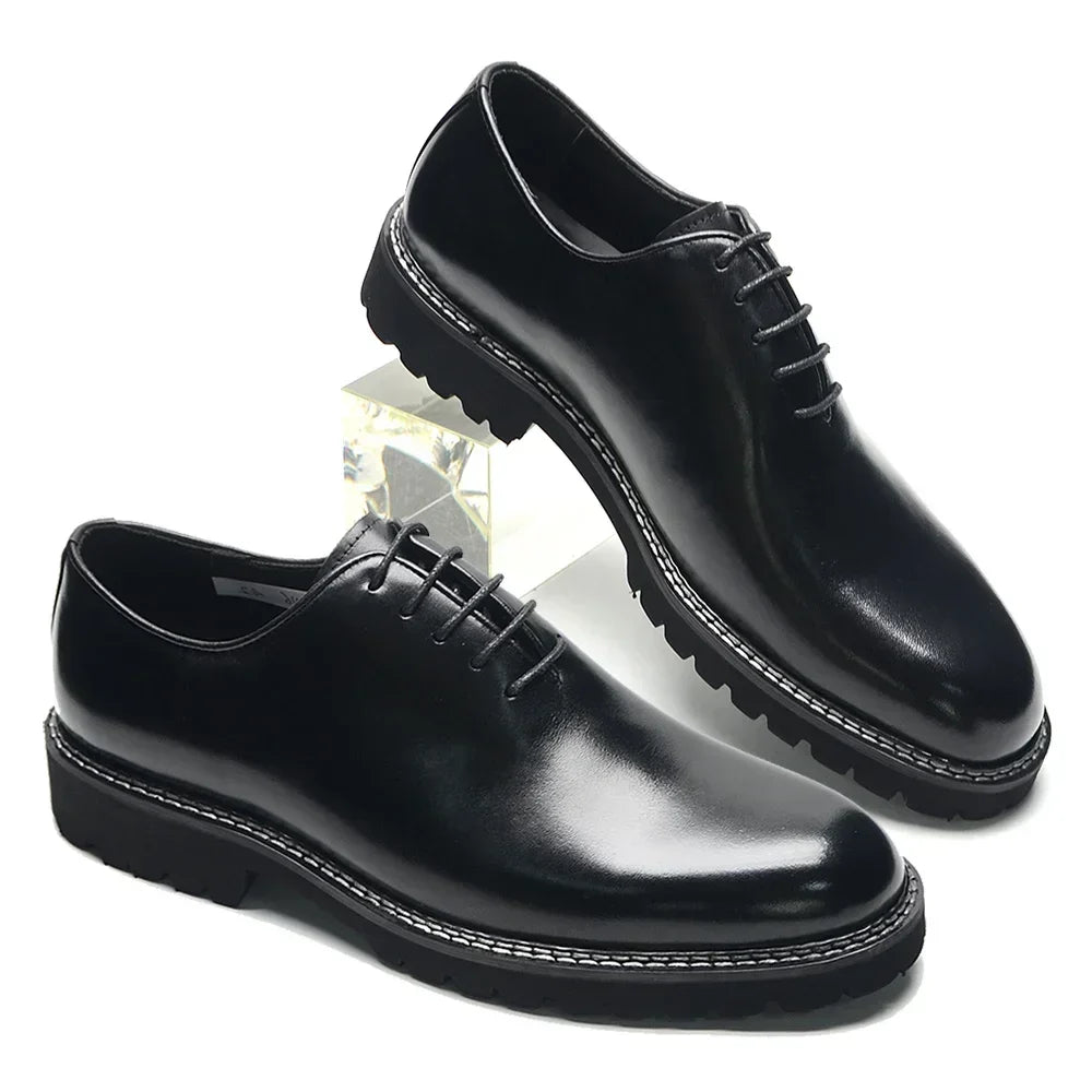 Elegant Black Men's Dress Shoes | Genuine Natural Whole Leather Oxfords (Height Increasing, Breathable)