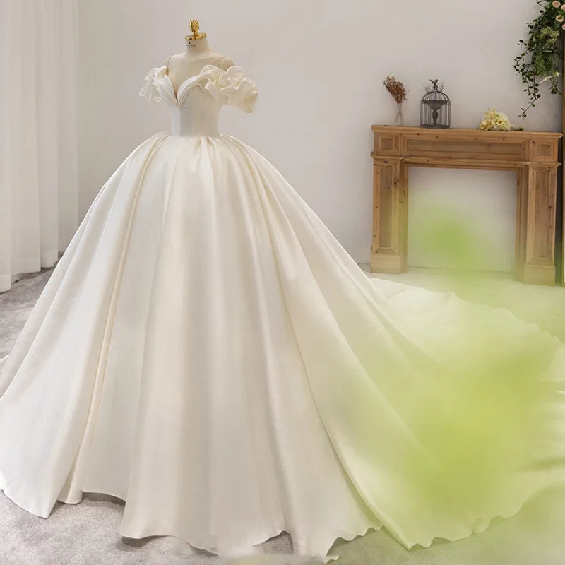 Luxury Satin V-Neck Short Sleeve Wedding Dress EDW459