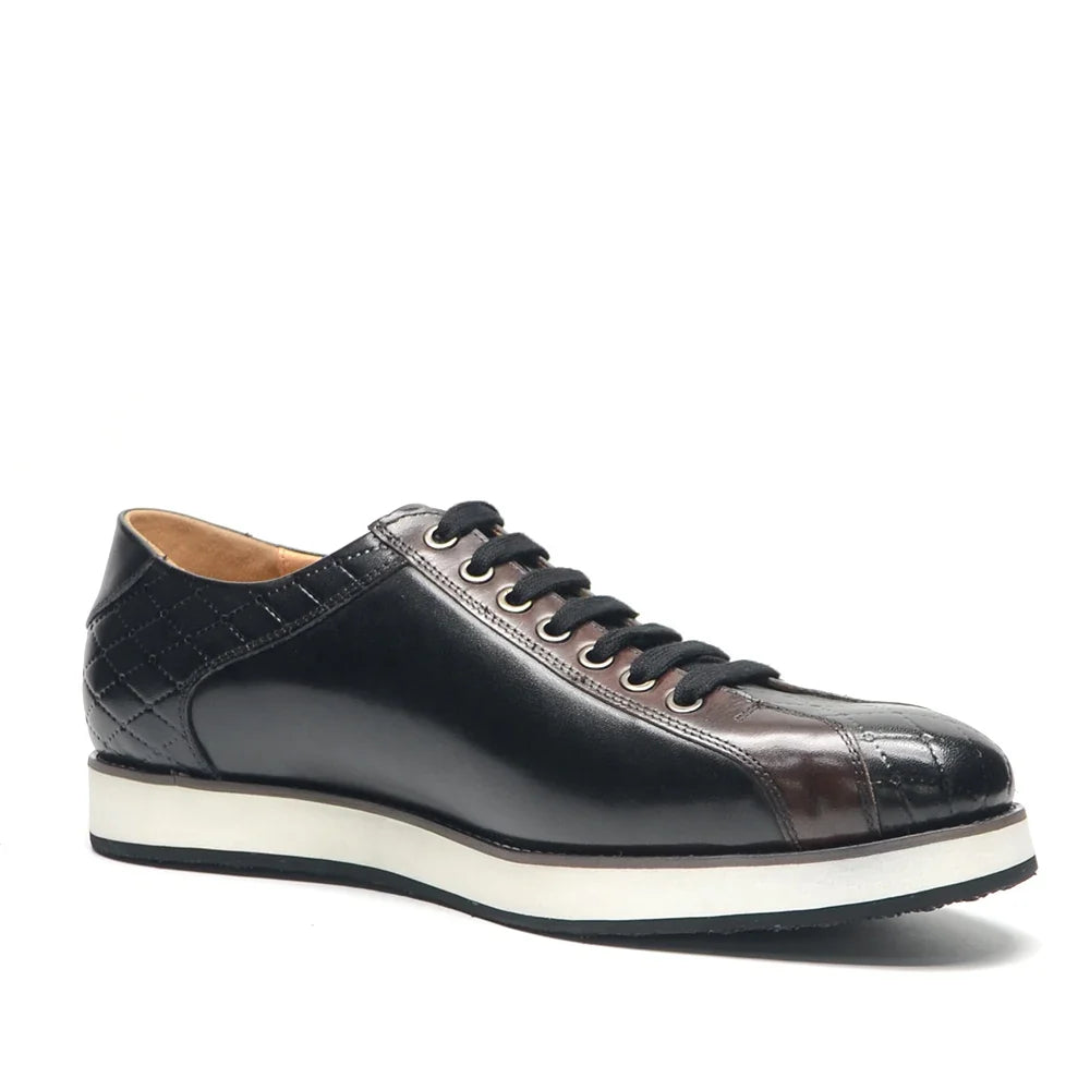 Europe 2024 Fall Luxury Men's Genuine Leather Plaid Casual Shoes | Black & Dark Brown Business Sneakers (Height Increasing)