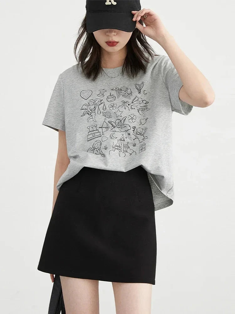 Women’s Printed O-Neck T-Shirt Slim Fit Summer Cotton Tee