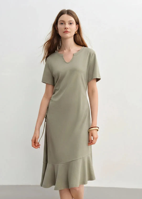 Drawstring A-Line Midi Dress Casual Summer Elegance