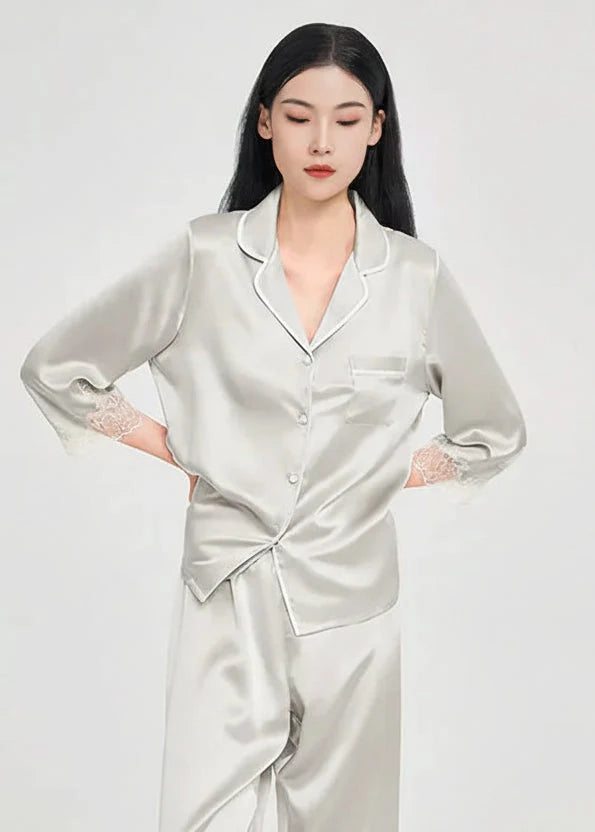 Mulberry Silk Pajama Set with Lace Trim 3-Piece Loungewear