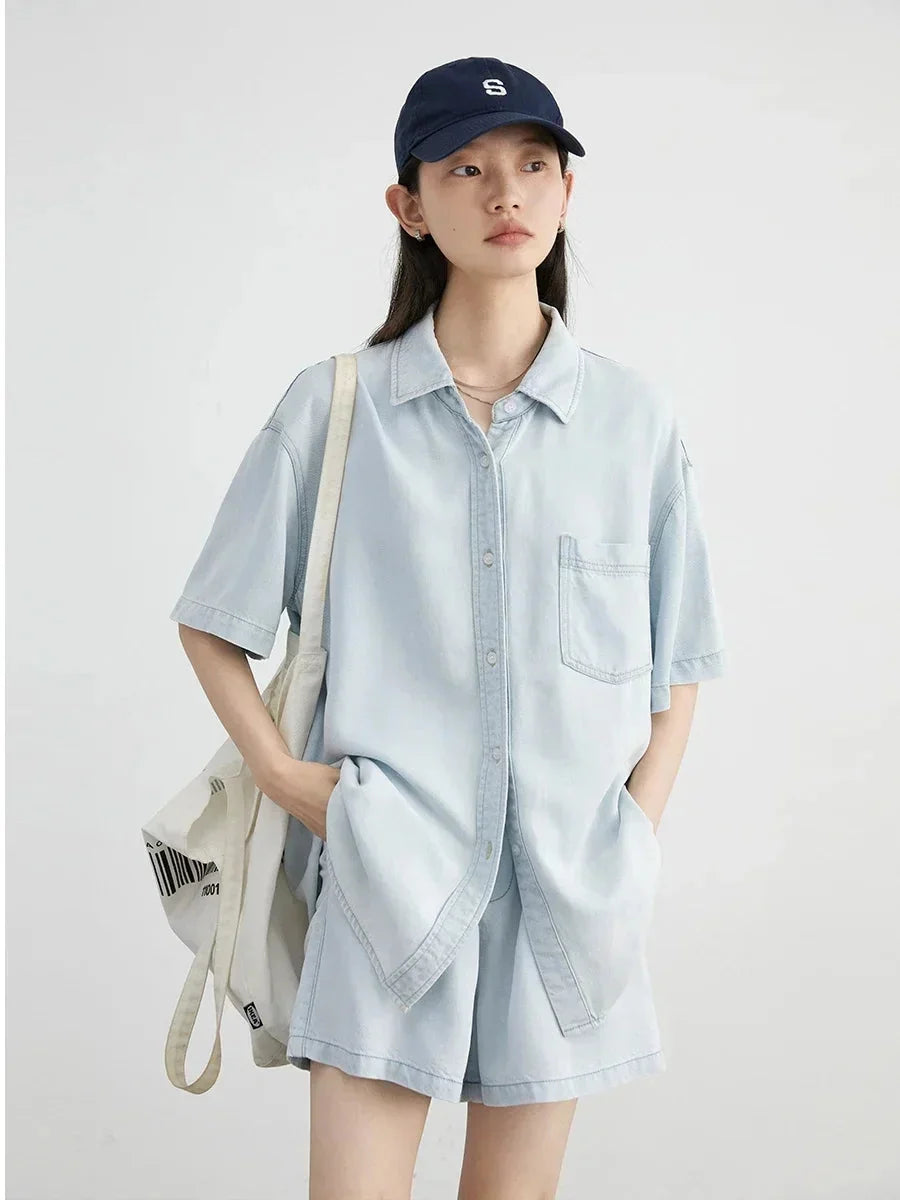 Blue Denim Set: Loose Shirt & Elastic Waist Shorts/Skirt