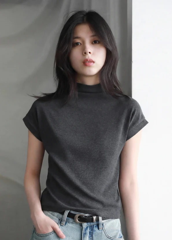Slim Fit Half High Neck T-Shirt Elastic Basic Tee
