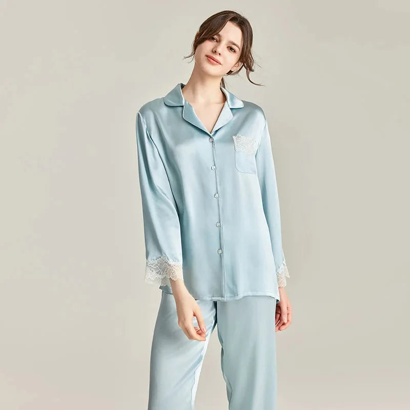 100% Real Silk Pajamas Set with Lace Trim Women's Sleepwear