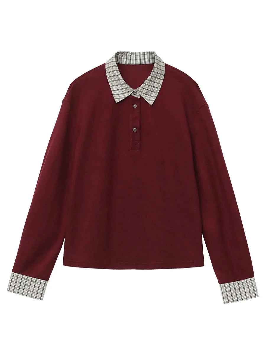 Color Block Plaid T-Shirt Loose Casual Long Sleeve