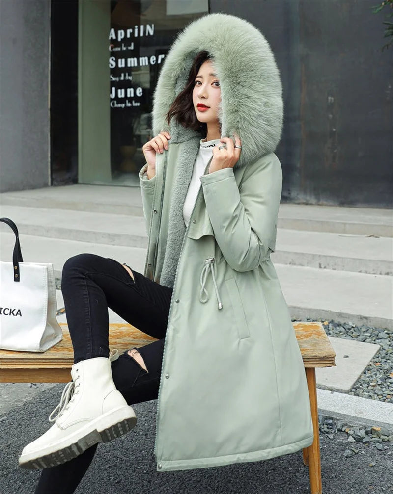 Women Winter Parka – Hooded Fur Collar Thick Warm Long Coat
