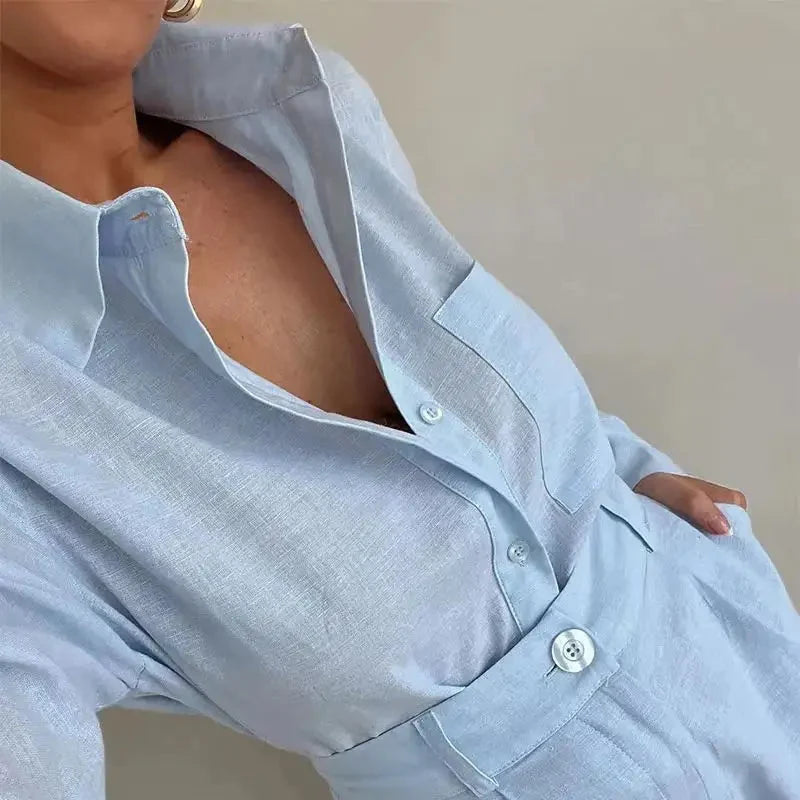 Cotton Linen Shirt & High-Waist Shorts Set