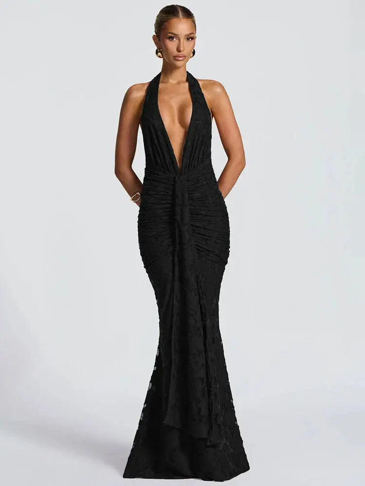 Women's Deep V-Neck Backless Ruched Club Gown