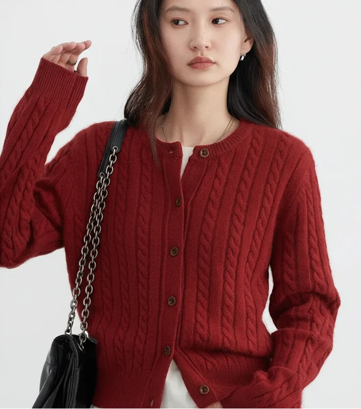 Red Round Neck Cardigan Twisted Raccoon Hair Knit