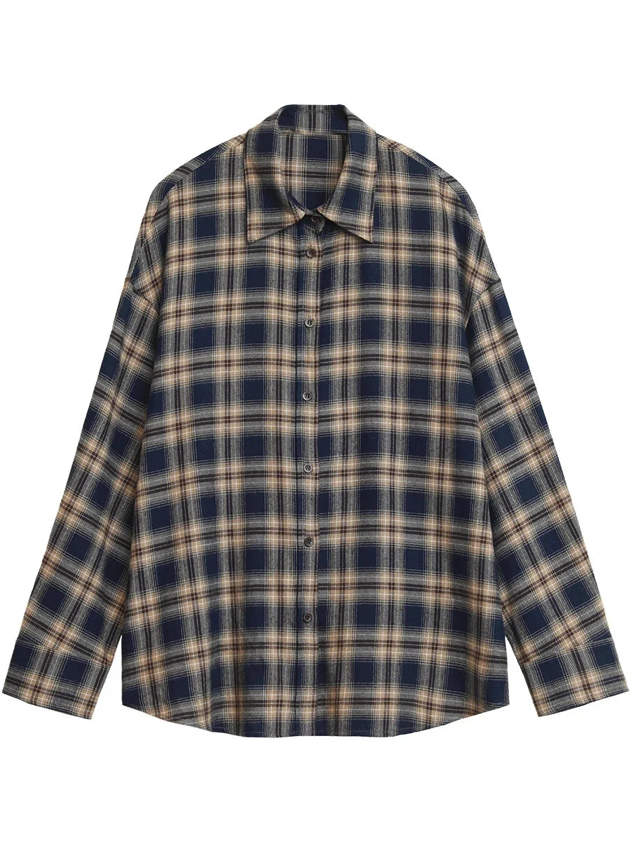 Long Sleeve Plaid Shirt Casual Loose Fit Autumn Blouse