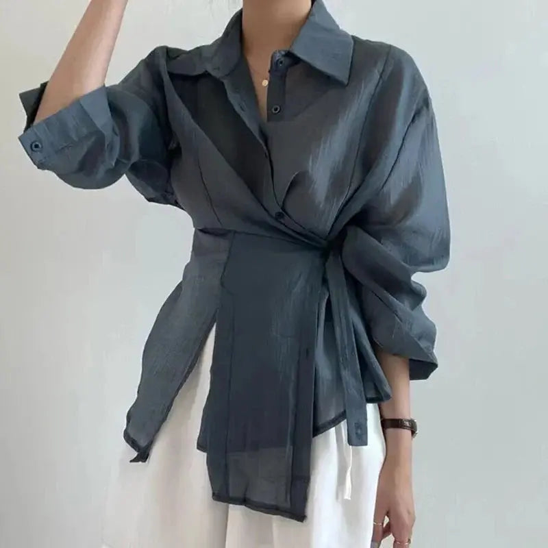 Chic Long Sleeve Button-Down Shirt with Asymmetrical Hem