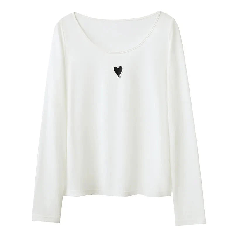 U-Neck Contrast Print Tee Long Sleeve Cotton Basic