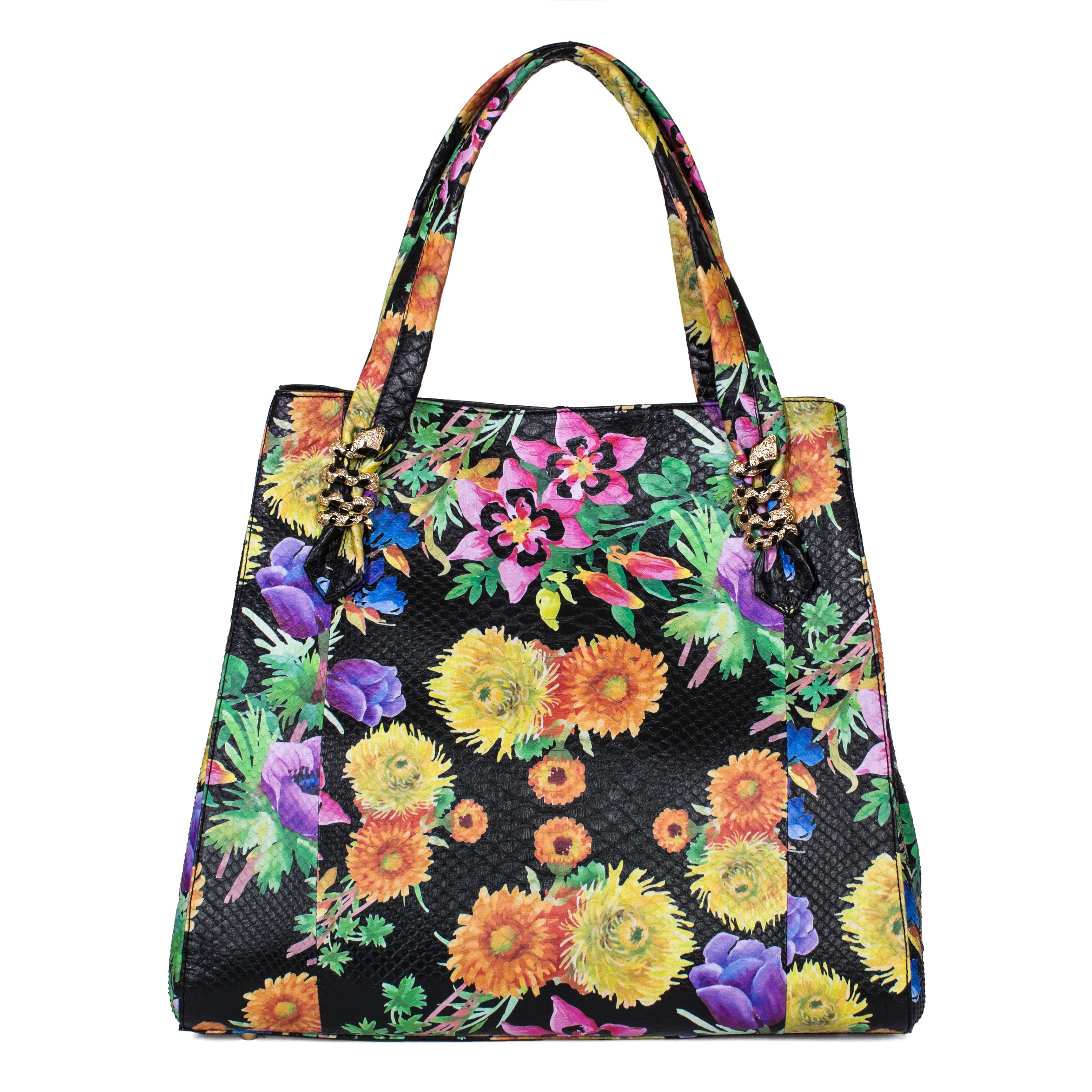 Large Floral Python Bag with Gold Snake Accessories