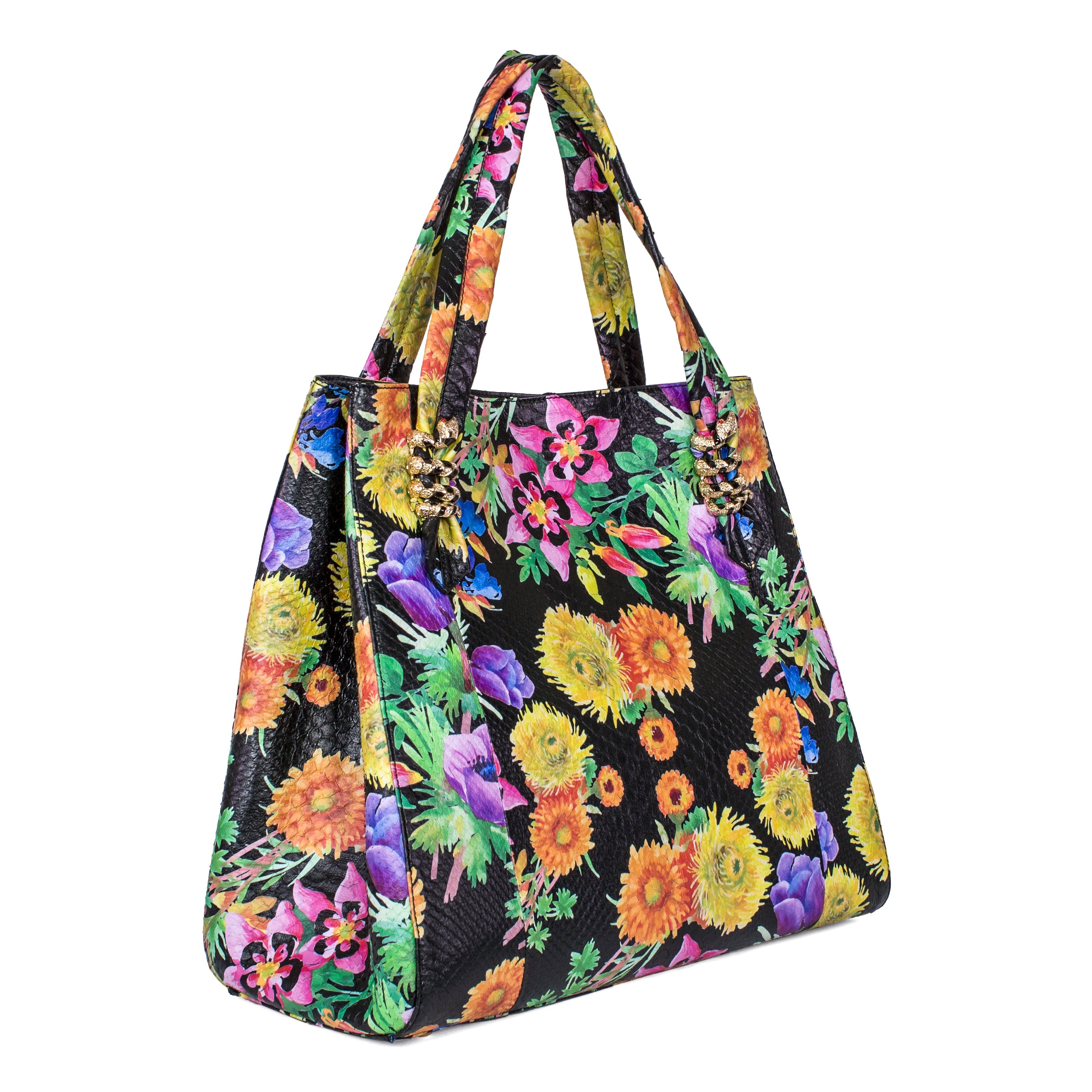 Large Floral Python Bag with Gold Snake Accessories