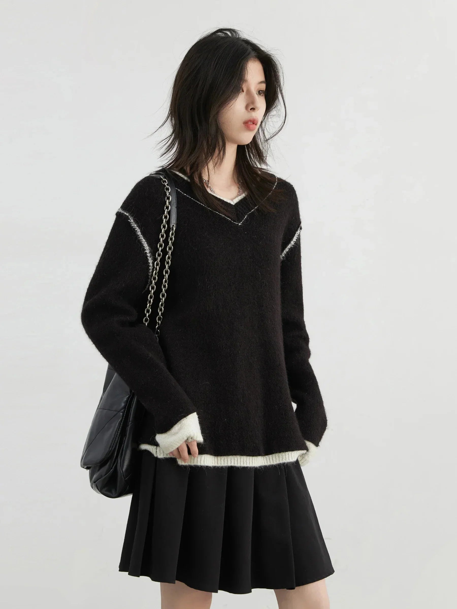 Color Block V-Neck Sweater Loose Knit Pullover