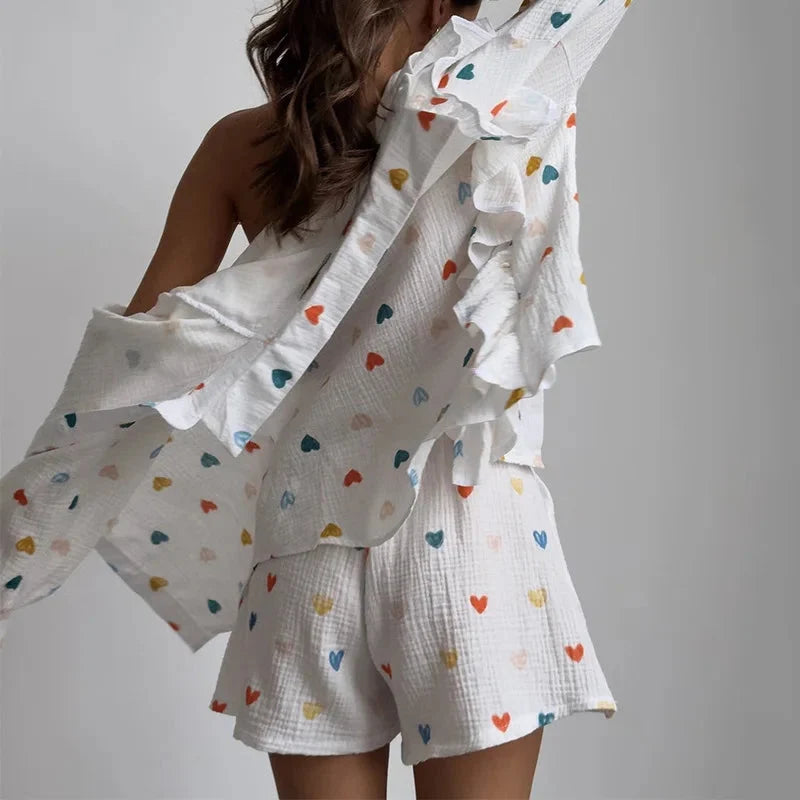Women’s Love Print Cotton Linen Pajama Set with Shorts