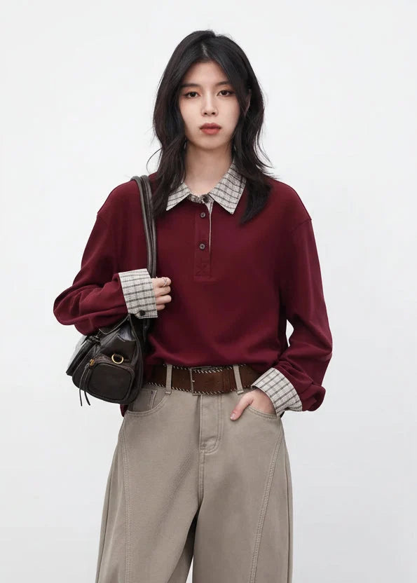 Color Block Plaid T-Shirt Loose Casual Long Sleeve