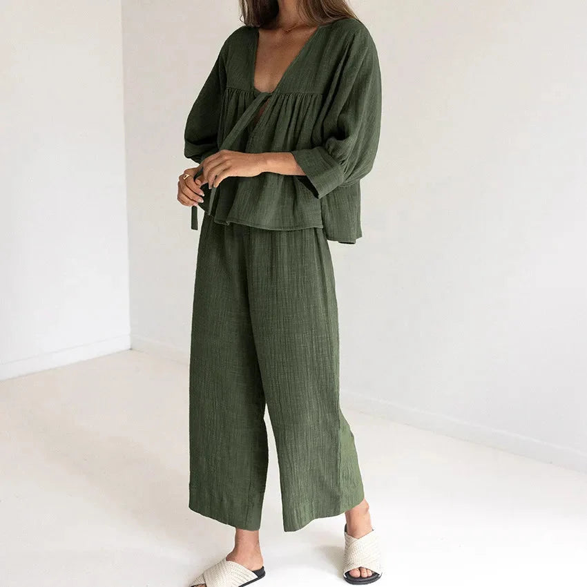 Women's Pajamas Cotton 2-Piece Set V-Neck