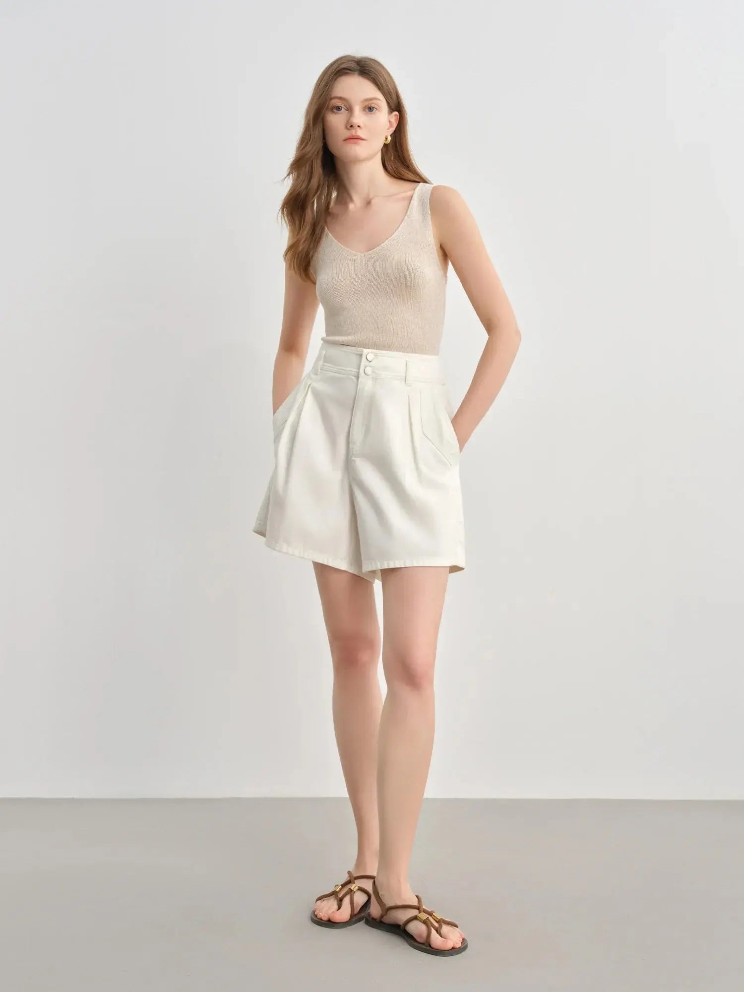 Plus Size High-Waist Pleated Denim Shorts