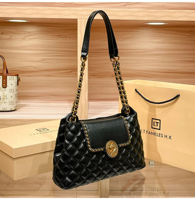 Luxury Genuine Leather Chain Shoulder Bag for Women | New Designer Large Capacity Underarm Handbag (Diamond Lattice)