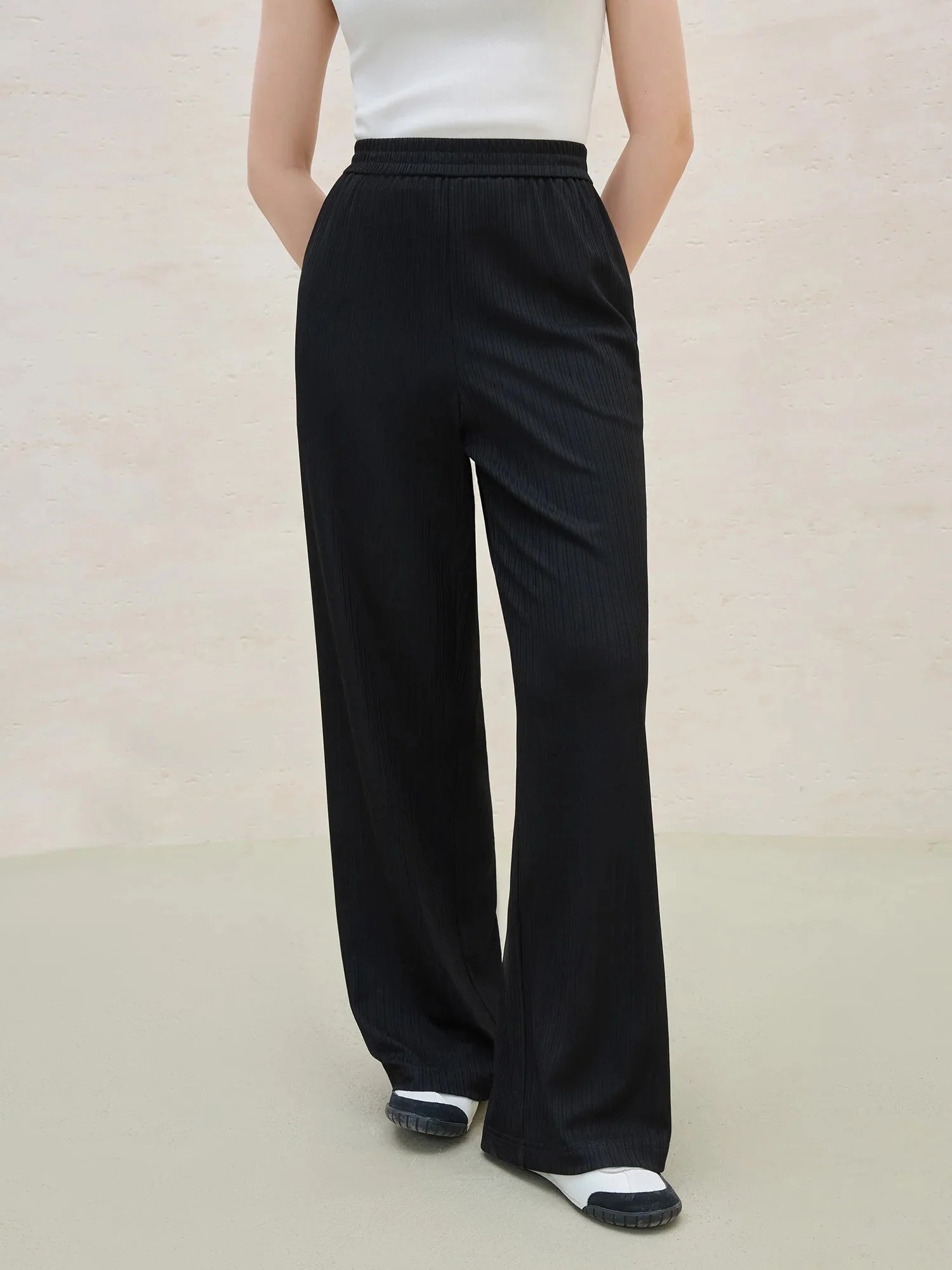Black Wide-Leg Stretch Pants Casual Chic Trousers