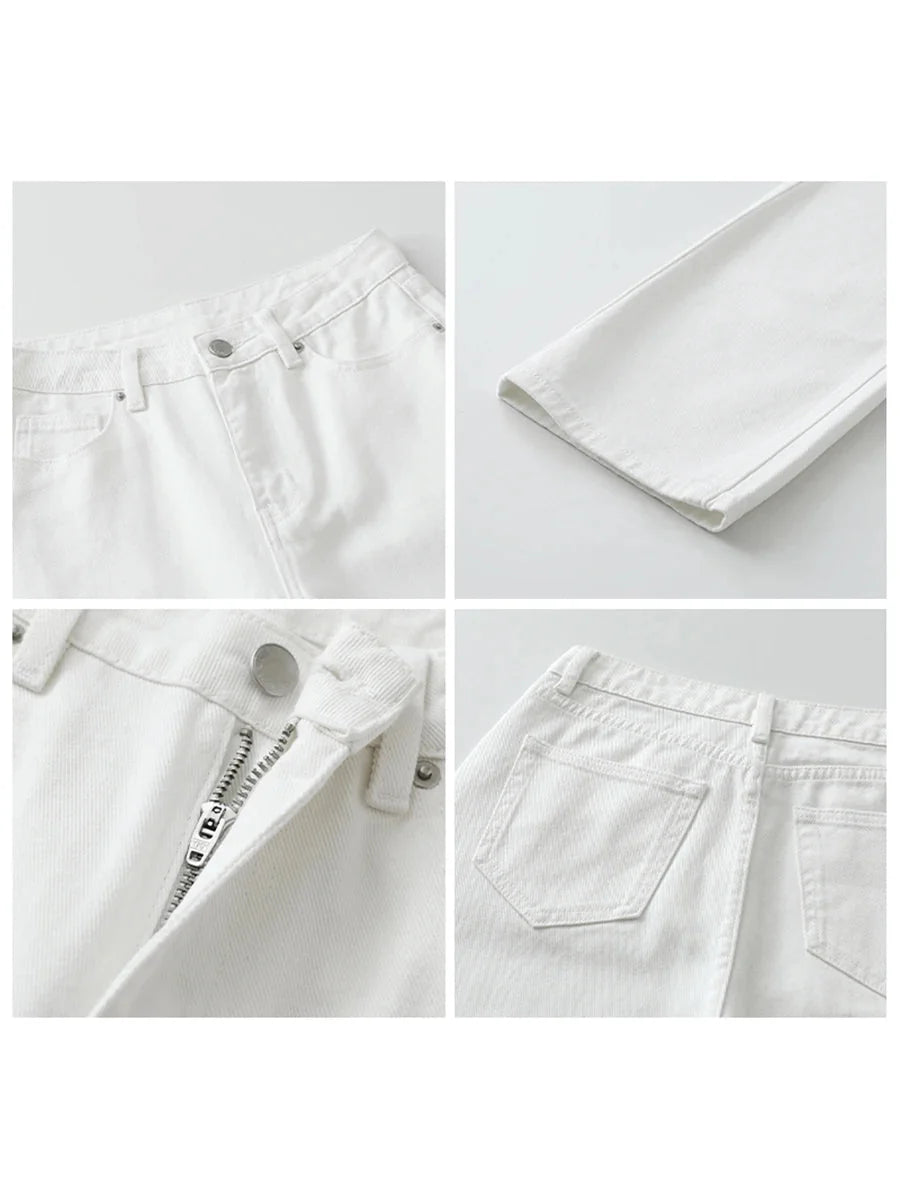 High Waisted White Cotton Pants Slim Straight Leg