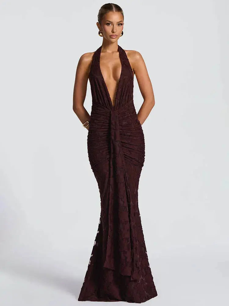 Women's Deep V-Neck Backless Ruched Club Gown