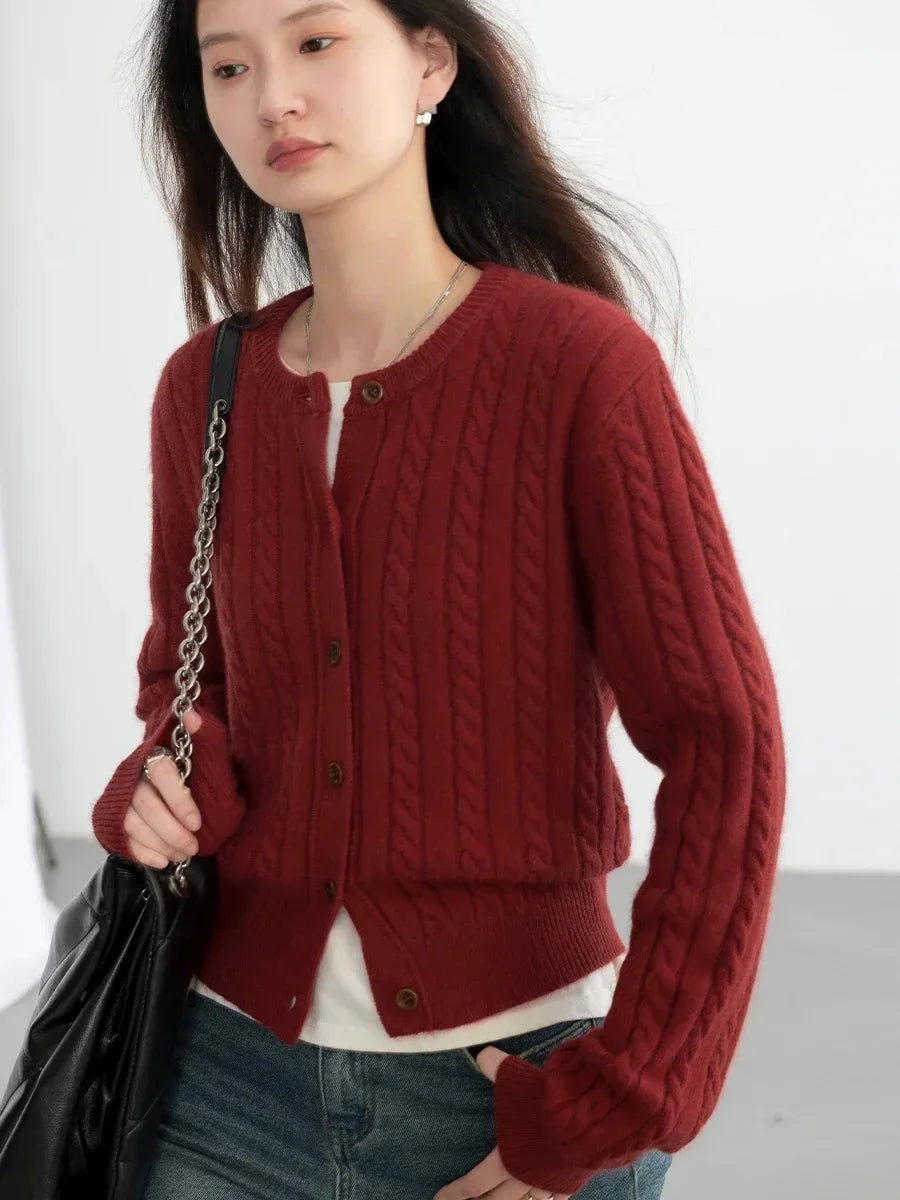Red Round Neck Cardigan Twisted Raccoon Hair Knit