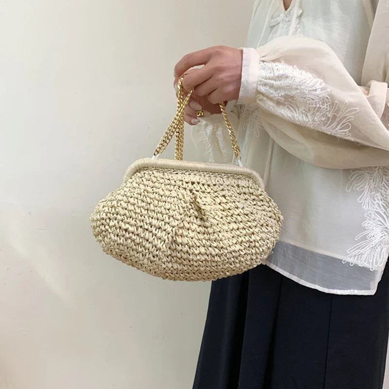 Bohemian Straw Dumpling Clutch Bag | Woven Straw Tote Purse for Women (Summer Beach Bag, Wicker Clutch)