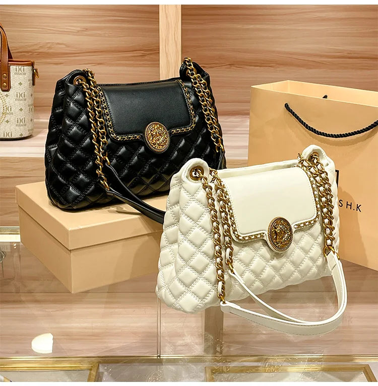 Luxury Genuine Leather Chain Shoulder Bag for Women | New Designer Large Capacity Underarm Handbag (Diamond Lattice)