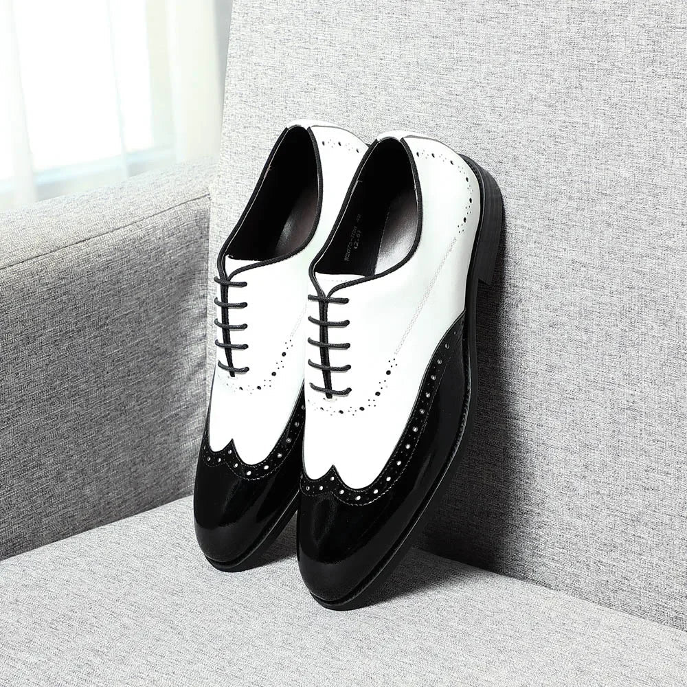 Elegant Men's White & Black Wingtip Brogue Oxfords | Genuine Leather Wedding, Party & Social Dress Shoes