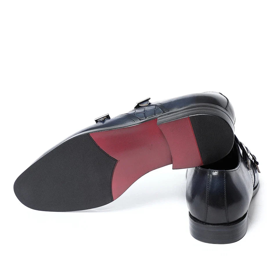 Elegant Men's Genuine Leather Monk Strap Shoes | Stone Pattern Print Double Buckle & Cap Toe (Business, Party, Social)