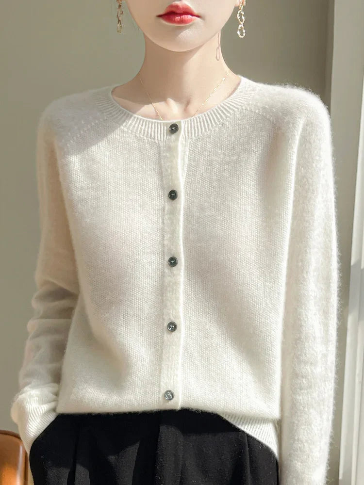 Women 100% Merino Wool Cardigan Soft O-Neck Cashmere Sweater OL Buttoned Knitwear Casual Top Clothing Korean Style