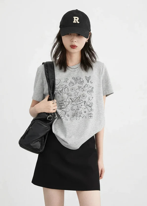 Women’s Printed O-Neck T-Shirt Slim Fit Summer Cotton Tee