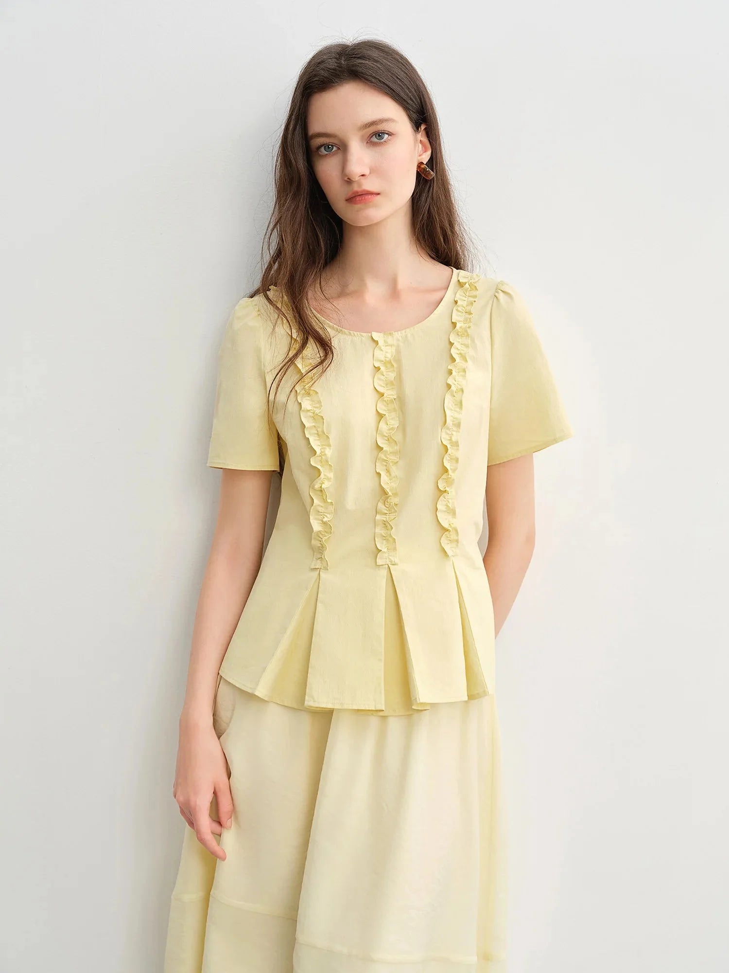 Plus Size Slimming Pleated Shirt Youthful Round Neck
