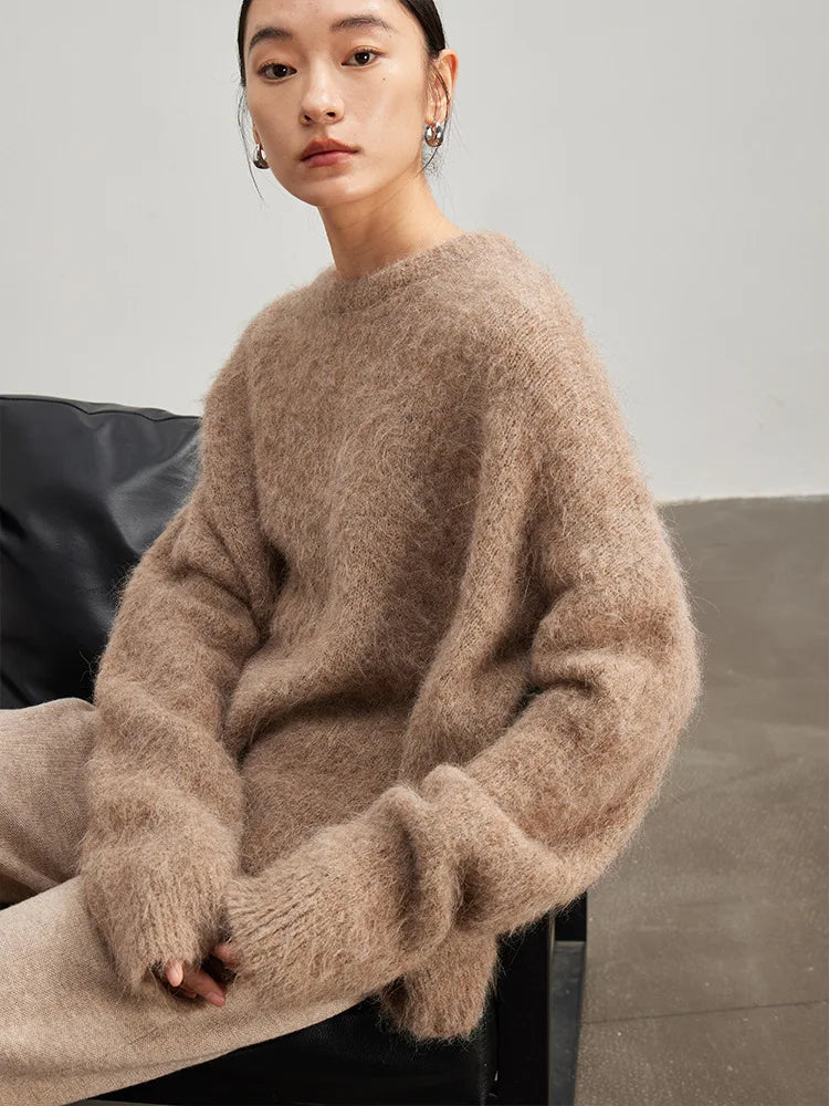 SuyaDream Warm Alpaca Pullovers for Woman, Dropped Sleeved Loose Sweaters, 2025 Fall Winter Top, Camel, Beige
